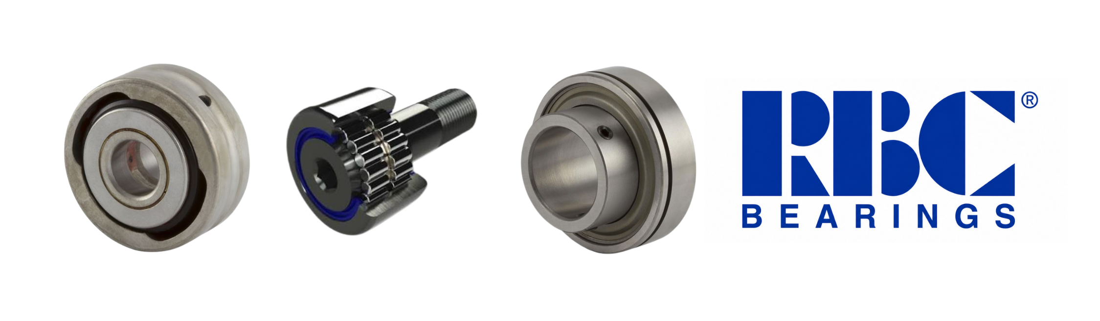 RBC track roller bearing, stud-type cam follower shown in cutaway, and radial insert ball bearing, alongside the blue RBC Bearings logo